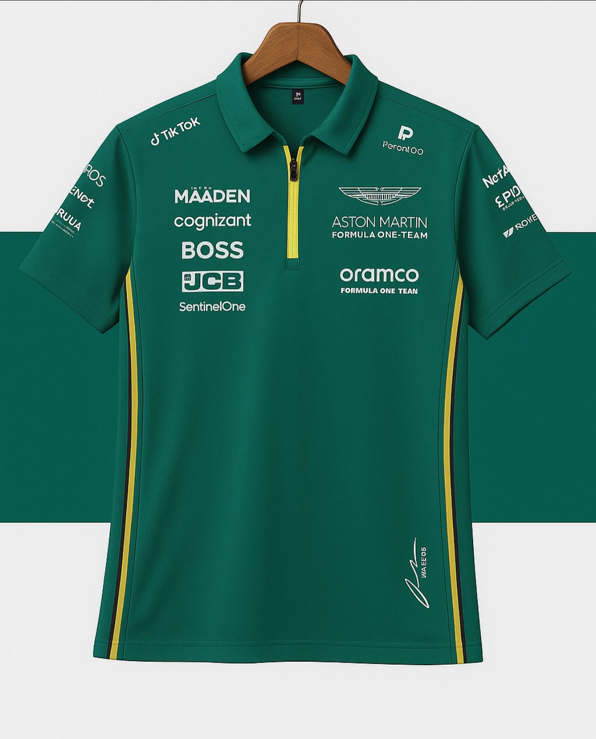 Aston Martin F1 team with the official-style 2025–2026 Cognizant Team Polo Shirt.